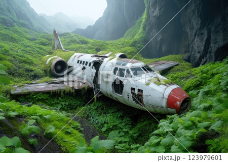 Weathered Airplane Inside an Isolated Cave Weathered Airplane Inside an Isolated Cave 123979601