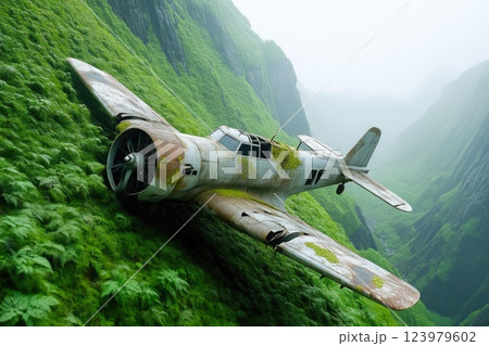 Overgrown Airplane Lying in Foggy Cave Overgrown Airplane Lying in Foggy Cave 123979602