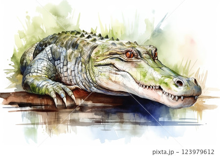 Watercolor alligator illustration on white background. 123979612
