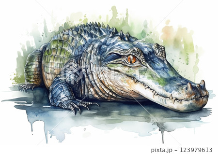 Watercolor alligator illustration on white background. 123979613