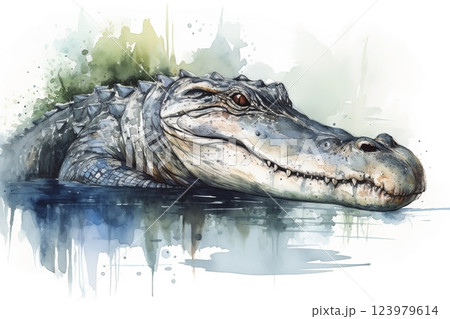 Watercolor alligator illustration on white background. 123979614