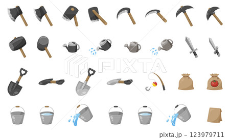 農場ゲームで開拓使う農具などの道具のイラスト素材セット_暗い 123979711