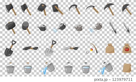 農場遊戲中使用的農具和其他工具的插圖集_黑暗 123979711