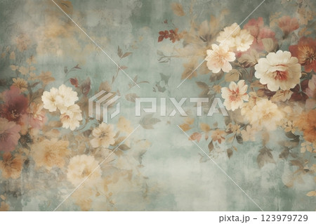 Vintage flowers background. Old paper texture. Ai generated 123979729