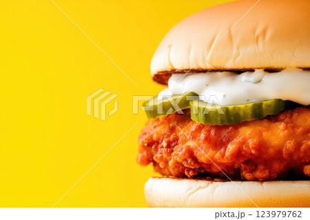 Mouthwatering Fried Chicken Sandwich on Toasted Bun 123979762