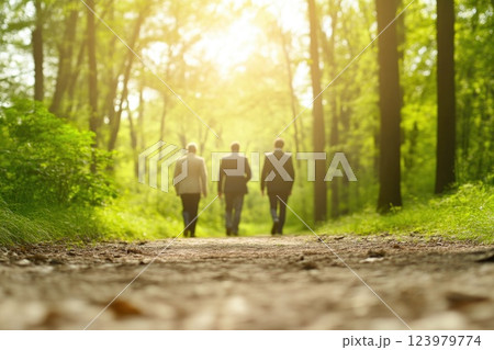 Business team having conversation while walking in nature 123979774
