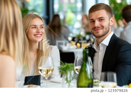 Blonde woman smiling while engaging in lively conversation at dinner table 123979826