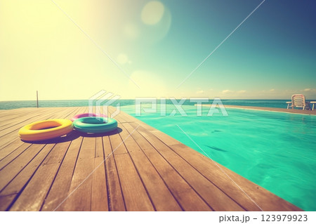 Lifebuoys near the pool with beach landscape. Vacation background. Ai generated 123979923