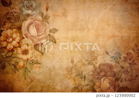 Vintage flowers background. Old grunge paper texture. Ai generated 123980002