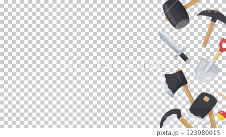 農場ゲームで開拓使う農具などの道具のフレームイラスト_16:9 123980015