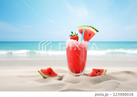 Fresh juice cocktail on the beach. Vacation background. Ai generated 123980016