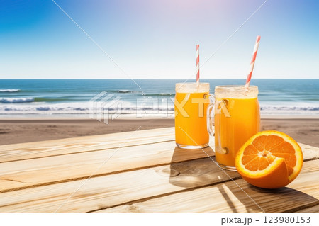 Summer tropical beach background with fresh juice cocktails and fruit. Ai generated Summer tropical beach background with fresh juice cocktails and fruit. Ai generated 123980153