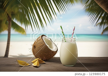 Coconut cocktail on the beach. Summer tropical background. Ai generated 123980175
