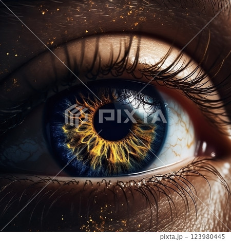 Realistic human eye with reflection of galaxy, golden iris. Ai generated 123980445