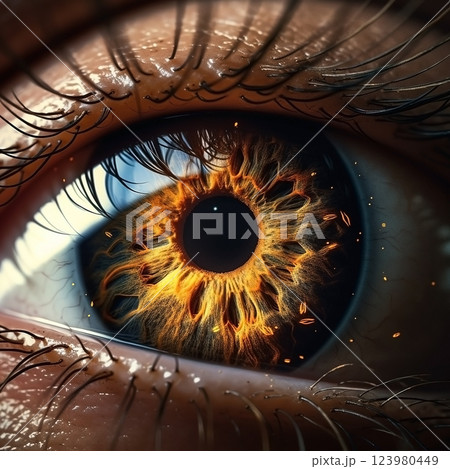 Realistic human eye with reflection of galaxy, golden iris. Ai generated 123980449