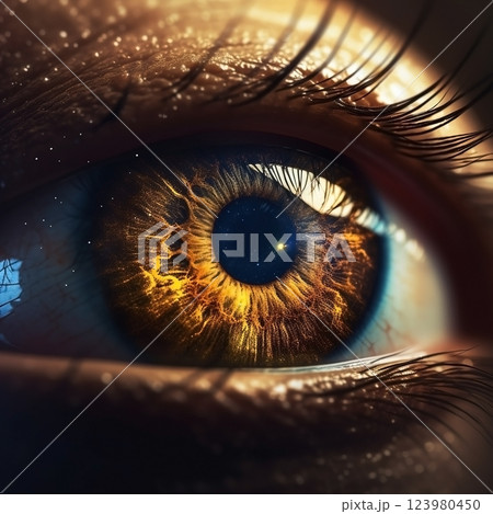 Realistic human eye with reflection of galaxy, golden iris. Ai generated 123980450