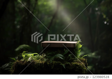 Wooden podium for product display nature background 3d rendering. Ai generated Wooden podium for product display nature background 3d rendering. Ai generated 123980528