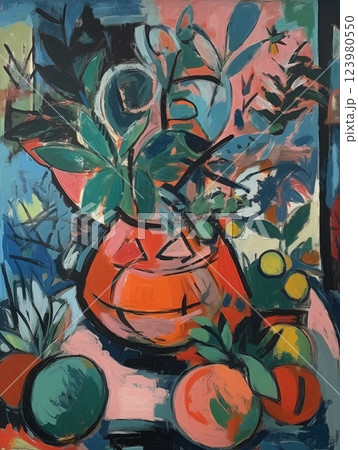 Mid-century abstract art flowers  illustration. Ai generated 123980550