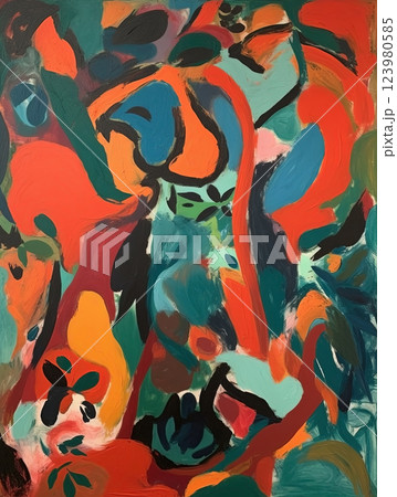 Abstract mid-century flowers art, Matisse style illustration. Ai generated 123980585