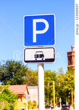 Parking traffic sign against the blurred urban background 123980697