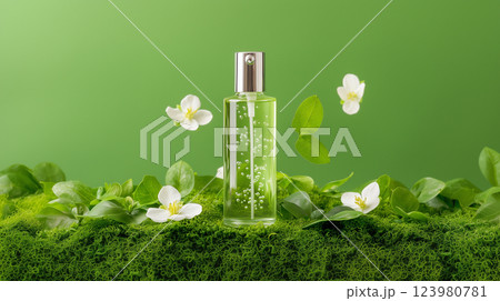 Transparent Bottle with Silver Cap and Green Liquid 123980781