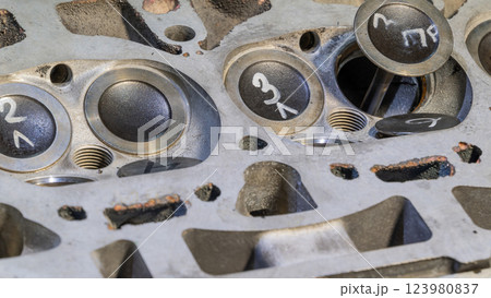 Car engine valves close up.Part of car's motor.Machinery detail of modern gasoline engine repair of cylinder head.Installing the valve of an overhauled engine.Mechanism automobile.Workshop motor car 123980837