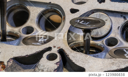 Car engine valves close up.Part of car's motor.Machinery detail of modern gasoline engine repair of cylinder head.Installing the valve of an overhauled engine.Mechanism automobile.Workshop motor car 123980838