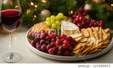 Festive Cheese and Wine Platter with Grapes and Crackers 123980933