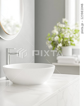 Modern Marble Surface with Minimalist Bathroom Background 123981046