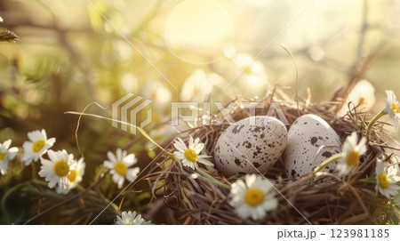 Three quail eggs in a nest, surrounded by cheerful daisies AI-generated content. 123981185