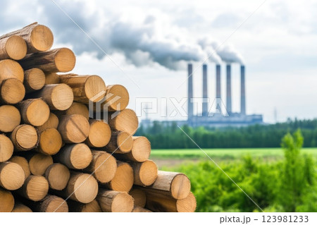 Wood Pile and Industrial Power Plant in Beautiful Landscape Wood Pile and Industrial Power Plant in Beautiful Landscape 123981233