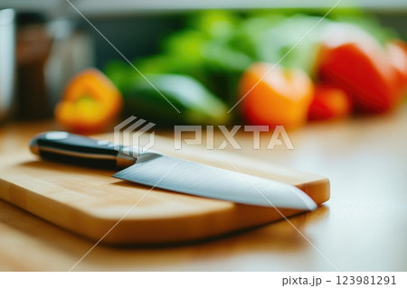 Close-up of Kitchen Knife with Blurred Veggies 123981291