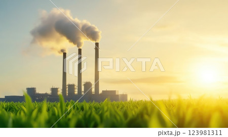 Green Tea Crops Flourishing Near Industrial Facility 123981311