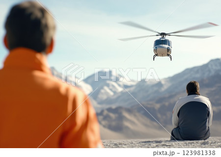 Helicopter in Flight with Mountain Rescue Team 123981338