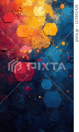 Vibrant hexagonal patterns in bold colors create a striking abstract artwork on textured background Vibrant hexagonal patterns in bold colors create a striking abstract artwork on textured background 123981426
