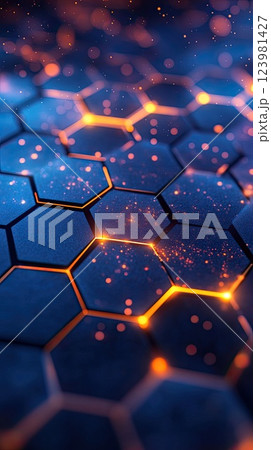 Detailed hexagonal pattern glowing with orange light against a deep blue background, creating a futuristic technology feel Detailed hexagonal pattern glowing with orange light against a deep blue background, creating a futuristic technology feel 123981427