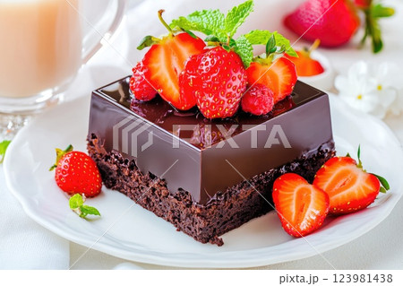 Chocolate dessert with fresh strawberries served on a white plate in a cozy setting Chocolate dessert with fresh strawberries served on a white plate in a cozy setting 123981438