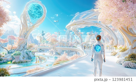 Futuristic garden with vibrant flora, bright skies, and a traveler in a white suit exploring at midday 123981451