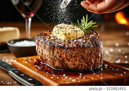 Juicy steak topped with butter and herbs being seasoned at a rustic wooden table Juicy steak topped with butter and herbs being seasoned at a rustic wooden table 123981452