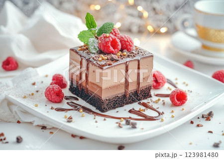 Indulgent chocolate dessert topped with fresh raspberries and mint served on a white plate Indulgent chocolate dessert topped with fresh raspberries and mint served on a white plate 123981480