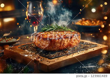 Juicy grilled steak served on a wooden platter with rosemary and a glass of red wine in a dimly lit setting 123981489
