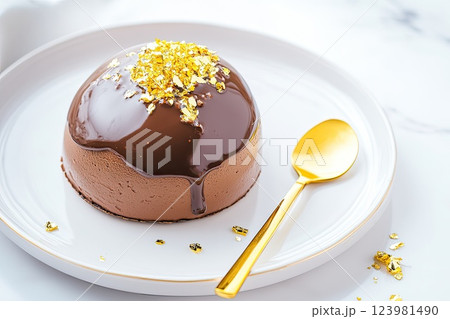 Decadent chocolate mousse topped with edible gold leaf on a white plate with a golden spoon 123981490