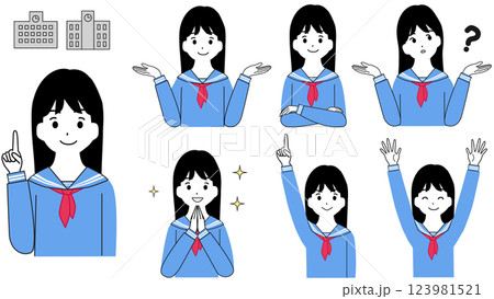 セーラー服を着た女の子の学生の表情イラストセット 123981521