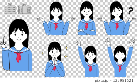 セーラー服を着た女の子の学生の表情イラストセット 123981521