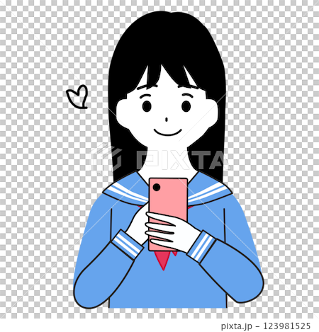 Illustration of a female student operating a smartphone with a smile Illustration of a female student operating a smartphone with a smile 123981525
