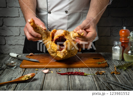 Mastering the art of cooking delicious dishes from fresh ingredients and chicken in the kitchen. Restaurant or hotel service concept 123981552