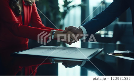 Closeup two business partners doing handshake over desk after signing contract, showing elegance and trust. Handshake symbolizes partnership, cooperation, handshake seals the deal. Closeup two business partners doing handshake over desk after signing contract, showing elegance and trust. Handshake symbolizes partnership, cooperation, handshake seals the deal. 123981583