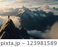 Traveler exploring mountains experiencing breathtaking adventure view, seeker standing on rocky peak, unique adventure discovering untouched landscapes, adventure spirit overcoming fear. 123981589