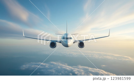 Airplane flying over a horizon Airplane flying over a horizon 123981599