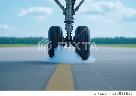 Close-up of airplane tires making runway contact 123981613